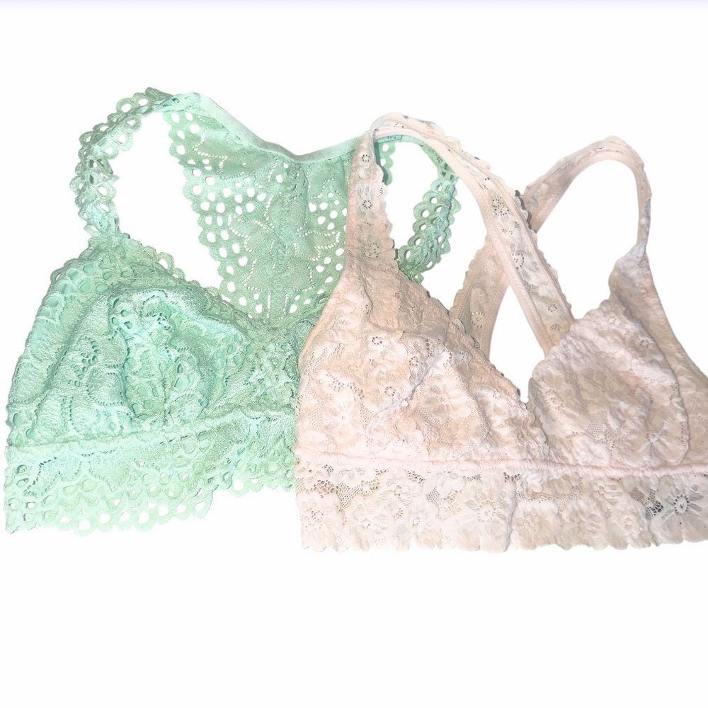 Aerie (2) Lace Bralettes Racerback/Criss Cross Mint Green/Blush Pink Sz Small